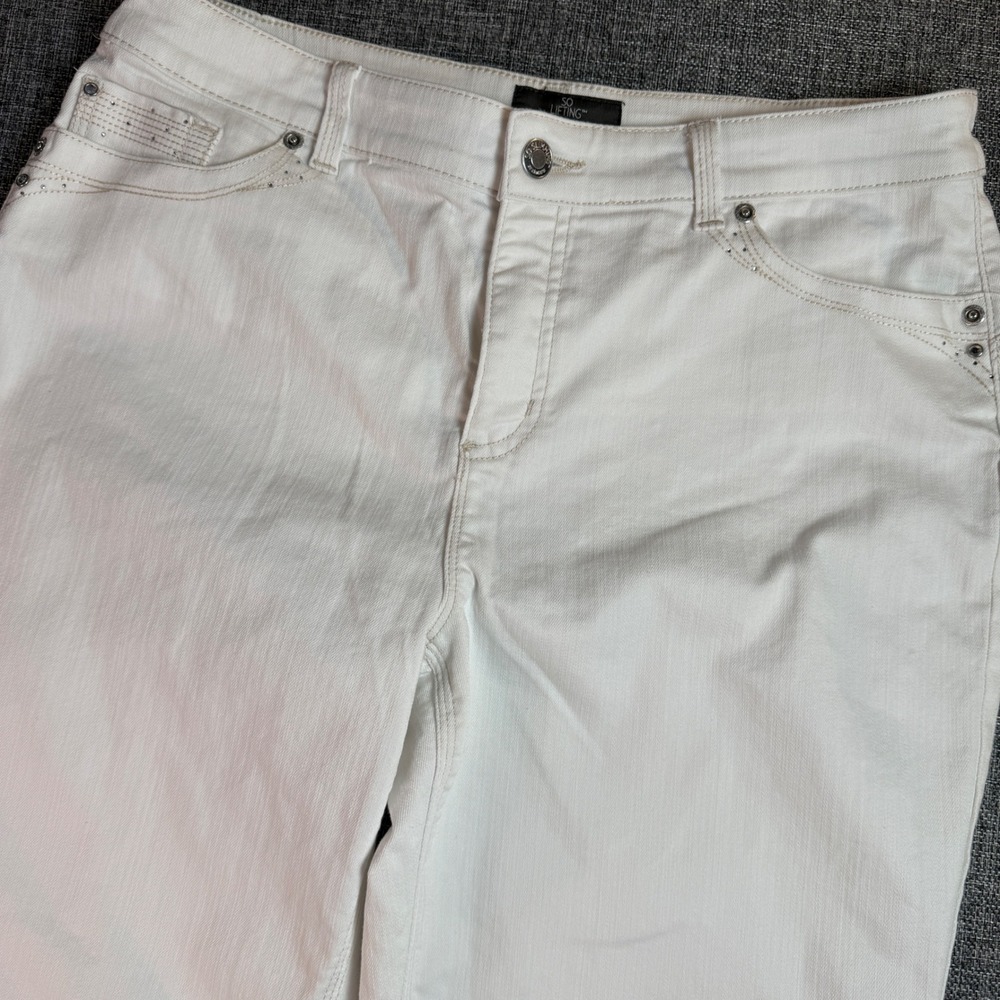 Women Chico's So Lifting Jeans | Size 16.5 | White Rhinestone Studded Denim